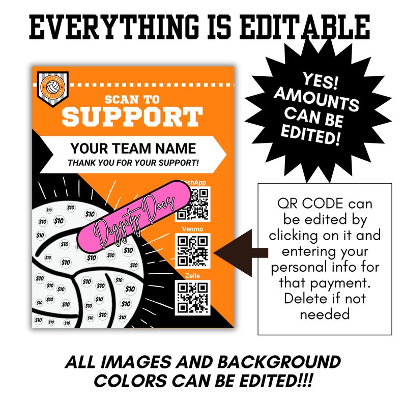 VOLLEYBALL Fundraiser With QR Code, Color Changing, Custom Template ...