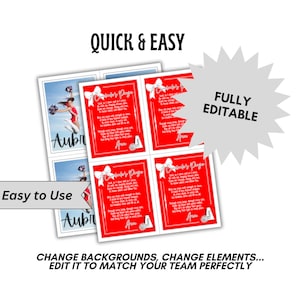 May include: A set of four printable cheerleading cards with a red background and white text. The cards feature a cheerleader's prayer and a white bow. The cards are fully editable and easy to use.