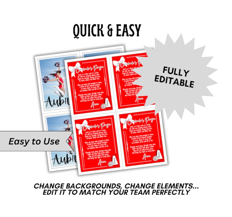 May include: A set of four printable cheerleading cards with a red background and white text. The cards feature a cheerleader's prayer and a white bow. The cards are fully editable and easy to use.