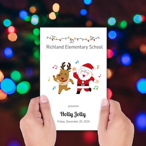 May include: A white flyer with the text "Richland Elementary School" and the words "Holly Jolly" with a cartoon Santa Claus and reindeer. The flyer is held by hands against a blurred background of colorful lights. The date is Friday, December 20, 2024.