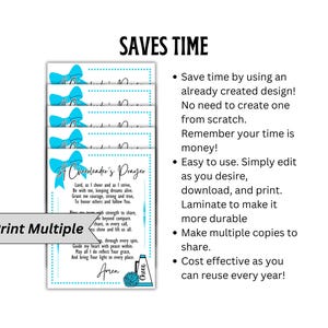 May include: A printable cheerleading prayer card with a blue and white bow and a cheerleading pom-pom. The text reads "A Cheerleader's Prayer" and includes a prayer for strength, courage, and honor. The text also says "Print Multiple".