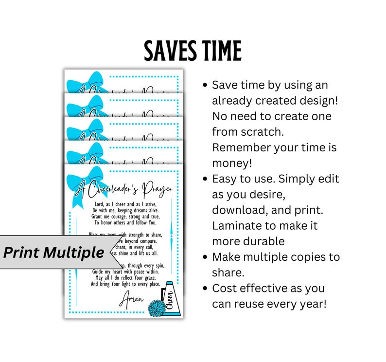 May include: A printable cheerleading prayer card with a blue and white bow and a cheerleading pom-pom. The text reads "A Cheerleader's Prayer" and includes a prayer for strength, courage, and honor. The text also says "Print Multiple".