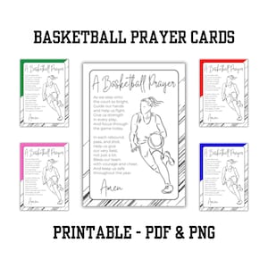 Puede incluir: Cinco tarjetas de oración de baloncesto imprimibles en diferentes colores: verde, rosa, rojo, azul y blanco y negro. Las tarjetas muestran a un jugador de baloncesto driblando el balón y una oración para una temporada exitosa.