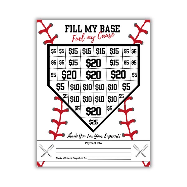 Fill My Base Baseball Fundraiser | Printable 8.5" x 11" | Color-In Donation Spots | Instant Download | Fun Fundraising |Home Run | Donations