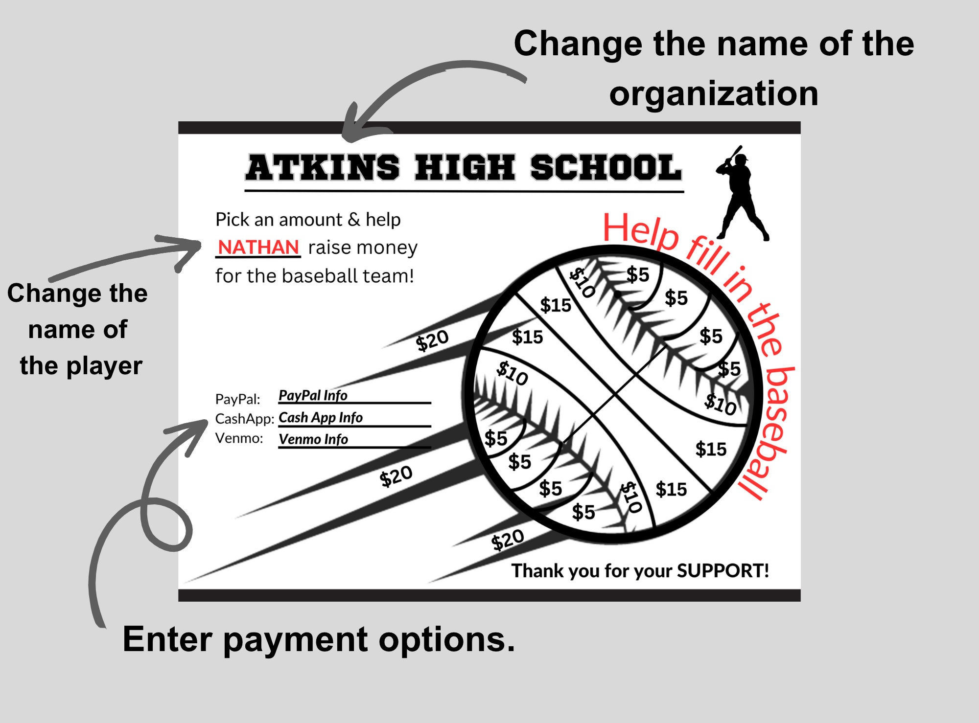 EDITABLE BASEBALL Fill in Fundraiser Baseball Fundraiser Sheet AAU