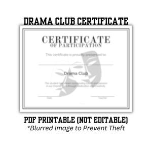 PRINTABLE DRAMA CLUB Certificate of Participation| Theater Arts | Creative Arts | High School Drama Club | Printable