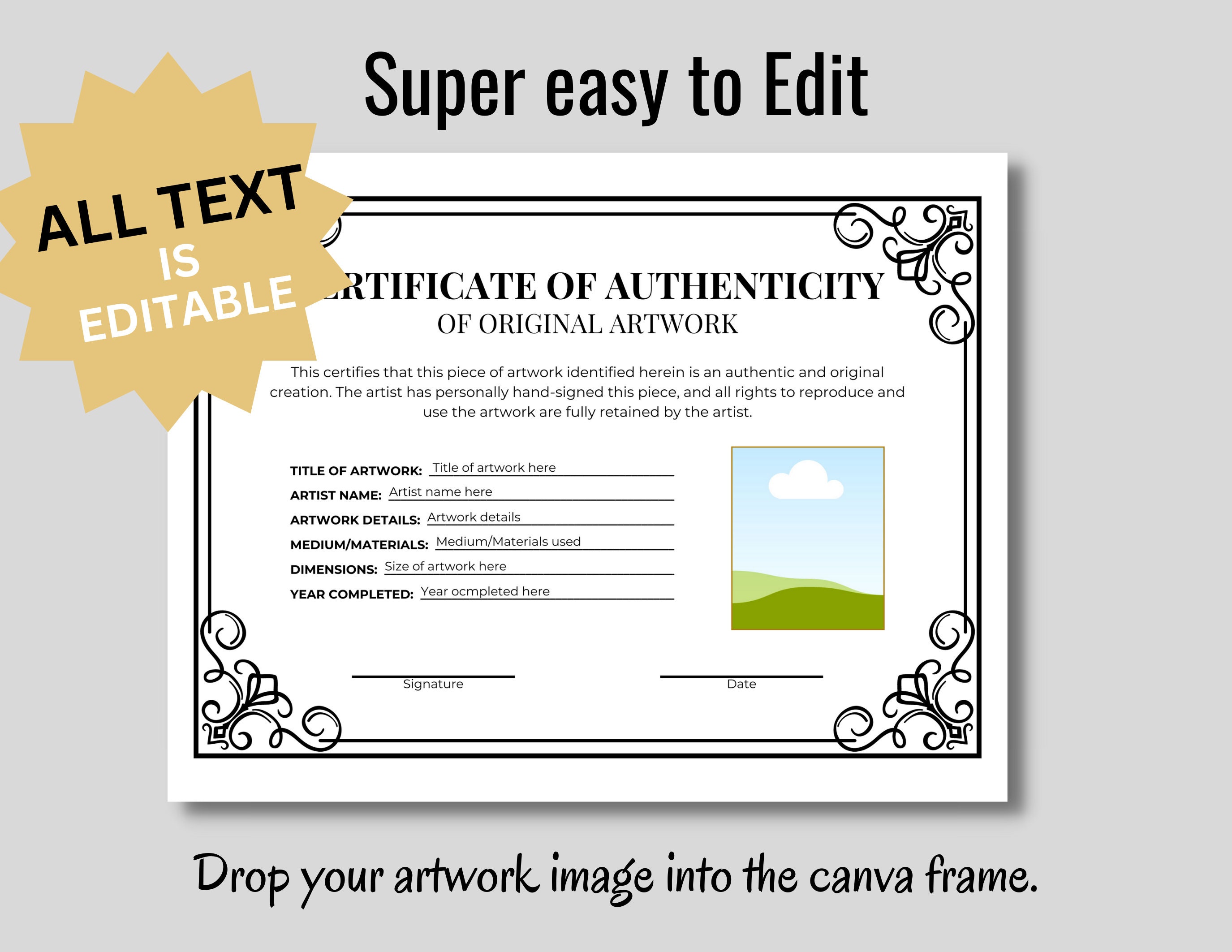 Artwork Certificate of Authenticity Template Digital Download ...