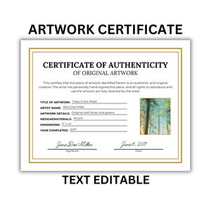 Artwork Certificate of Authenticity Template Digital Download | Printable Artwork Authenticity Certificate | Instant Artwork Certificate