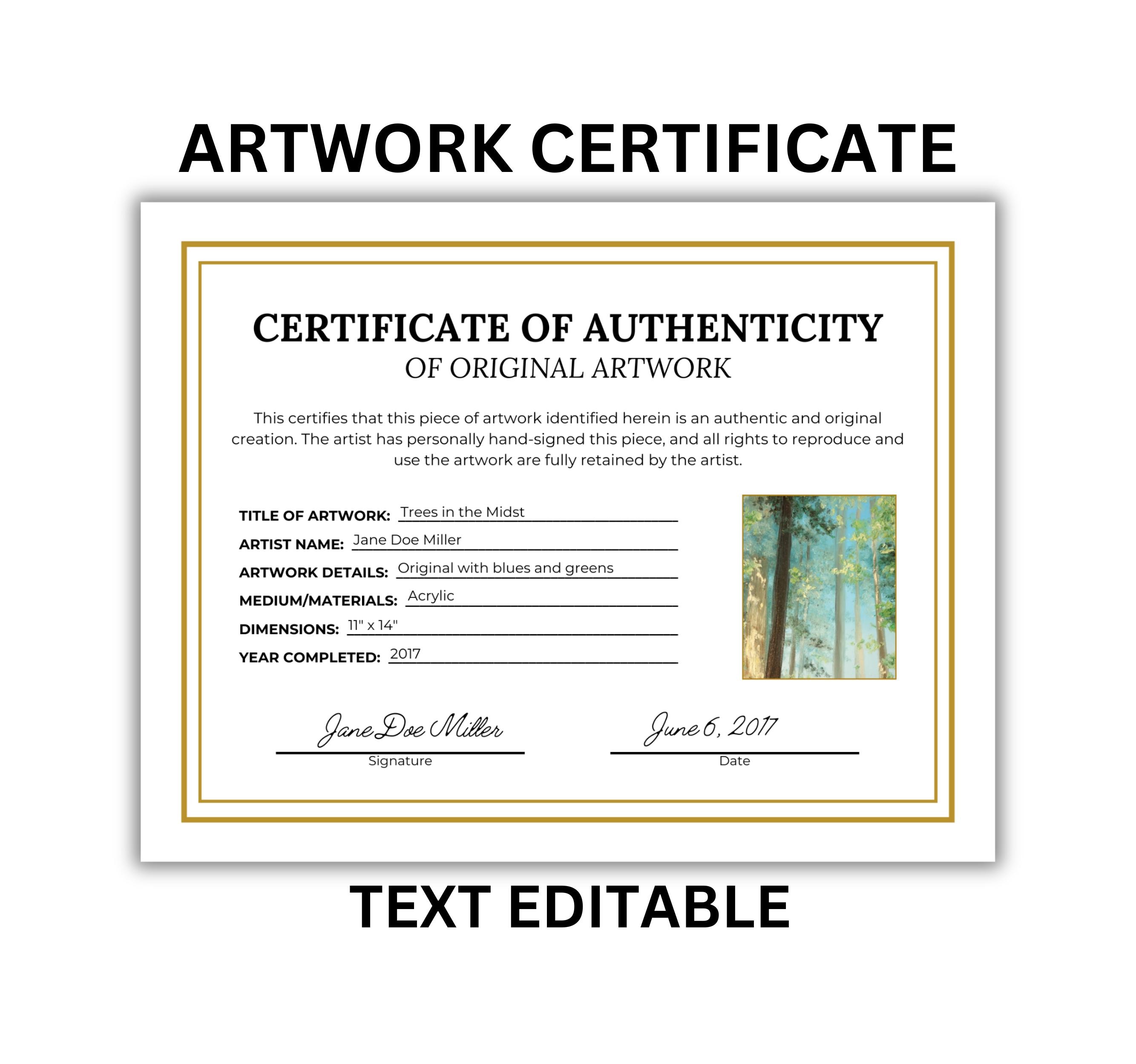 Artwork Certificate of Authenticity Template Digital Download