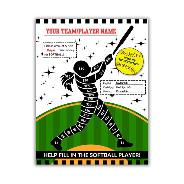 SOFTBALL Player Fill In Fundraiser Editable | Softball Fundraiser Sheet | AAU Softball Fundraiser | Instant Download | Fill In Fundraiser