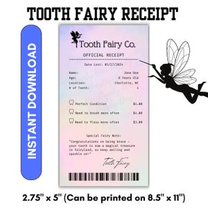 Tooth Fairy Receipt Digital Download - Personalized Memorabilia  2.75x5 Printable - Magical Childhood Keepsake
