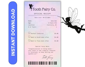 Tooth Fairy Receipt Digital Download - Personalized Memorabilia  2.75x5 Printable - Magical Childhood Keepsake