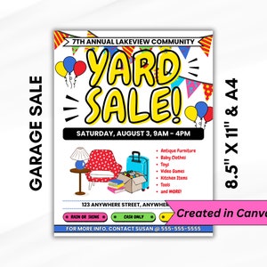 May include: A colorful poster advertising a 7th annual Lakeview Community Yard Sale. The poster features a cartoon illustration of a yard sale with a red and white striped tent, a red chair, a suitcase, and a box of items. The poster also includes the date and time of the sale, as well as a list of items that will be available for sale, including antique furniture, baby clothes, toys, video games, kitchen items, tools, and more. The poster also includes the address of the sale and a contact number for more information.