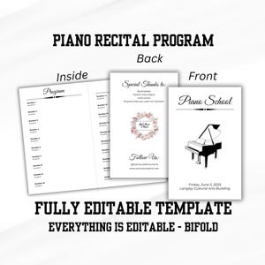 Può includere: Un modello di programma di recital di pianoforte stampabile con un'illustrazione di pianoforte in bianco e nero sulla copertina e un programma di recital all'interno. Il modello è completamente modificabile ed è progettato per un programma bifold.