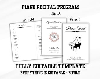 Piano Recital Program Template, Music Production,  Great for Studios and Companies, Bifold Band Performance Flyer, Customize and Print
