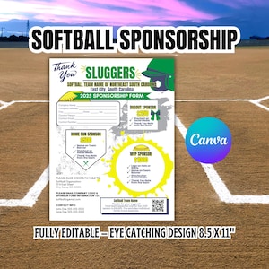 May include: A softball sponsorship form with the text "Softball Sponsorship" at the top. The form includes sections for "Dugout Sponsor", "Home Run Sponsor", and "MVP Sponsor". The form is fully editable and has an eye-catching design, measuring 8.5 x 11 inches.
