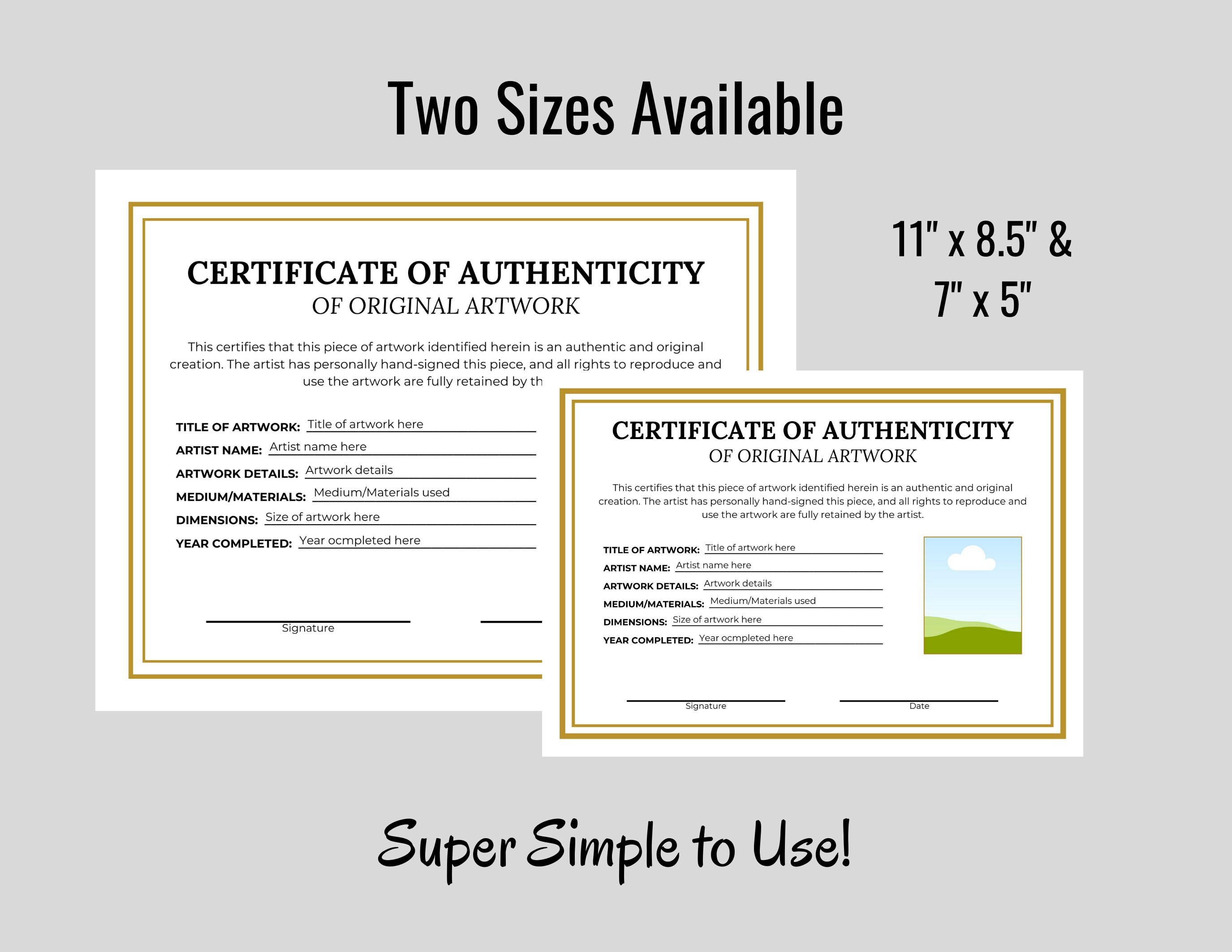 Artwork Certificate of Authenticity Template Digital Download
