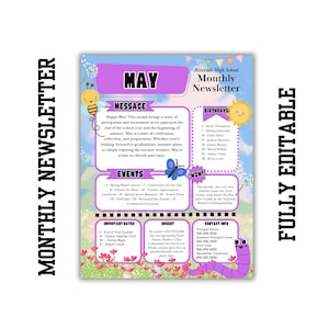 May include: A printable monthly newsletter template for Riverside High School. The template features a purple and pink color scheme with a floral design. The newsletter includes sections for birthdays, events, important dates, urgent information, and contact information. The text "MAY" is displayed in a large, bold font at the top of the page.