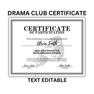 EDITABLE DRAMA CLUB Certificate of Participation| Theater Arts | Creative Arts | High School Drama Club | Printable