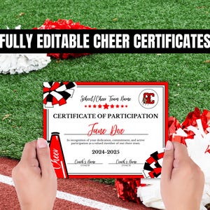 May include: A red and white cheerleading certificate with a red megaphone, a red and white pom-pom, and a red and white star. The text on the certificate reads "Certificate of Participation" and "Jane Doe".