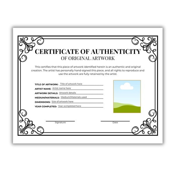 Modèle de certificat d'authenticité d'oeuvre d'art en téléchargement numérique | Certificat d'authenticité de l'oeuvre d'art imprimable | Certificat d'illustration instantanée
