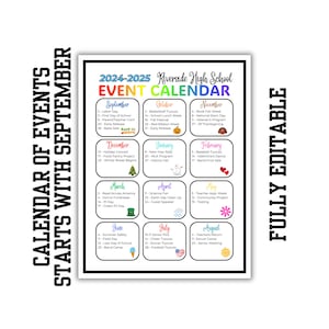 May include: A printable calendar for Riverside High School for the 2024-2025 school year. The calendar is divided into months with events listed for each month. The calendar is decorated with colorful icons and graphics.