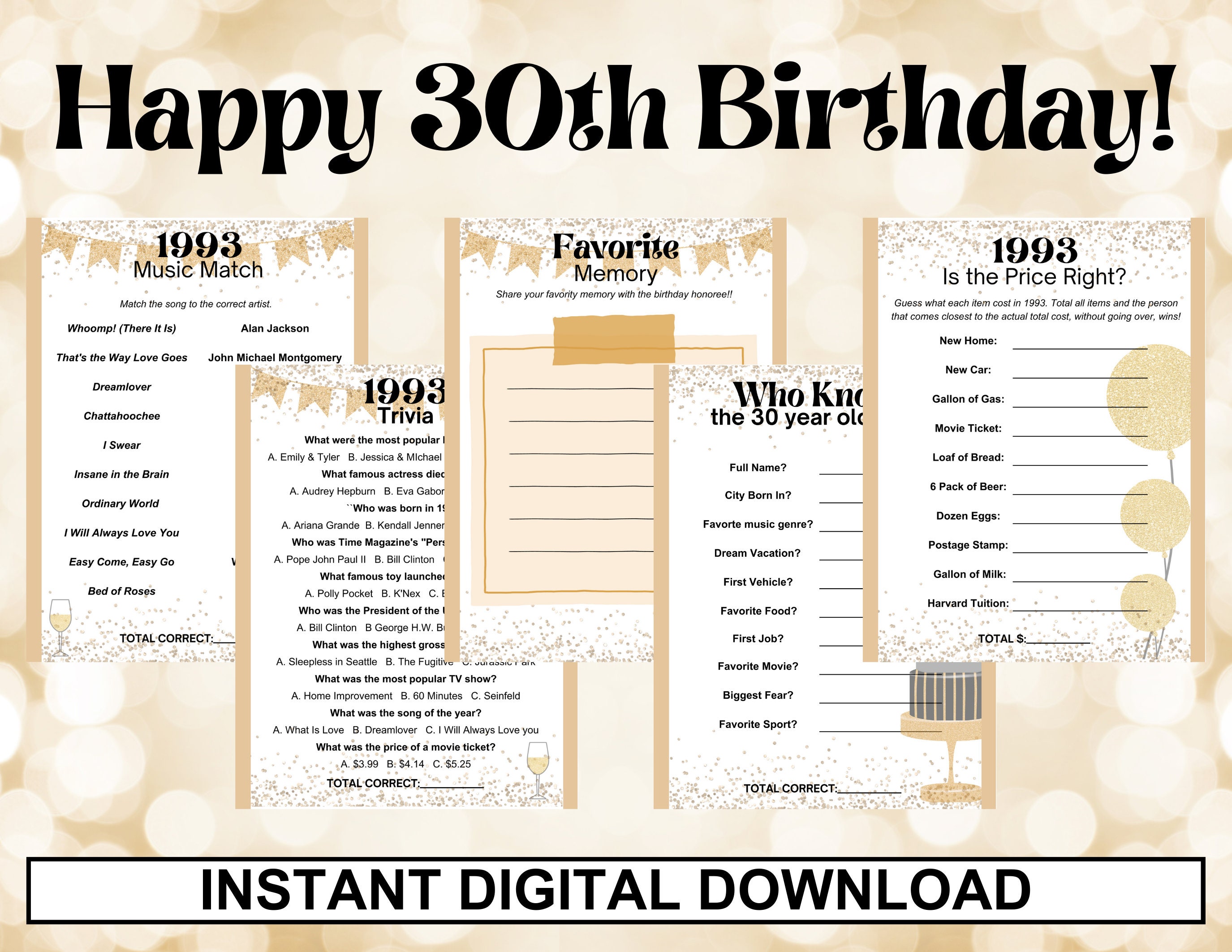 30th BIRTHDAY PARTY GAMES Glitter and Gold Party 5 Game - Etsy
