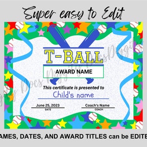 Editable T-ball Certificate Awards Personalize &amp; Celebrate - Etsy