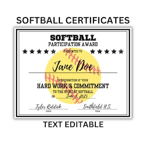 SOFTBALL CERTIFICATES Editable | Softball Awards | End of Year Awards | Participation Awards | Softballl MVP Award | softball aau |