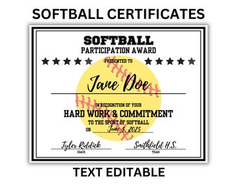 SOFTBALL CERTIFICATES Editable | Softball Awards | End of Year Awards | Participation Awards | Softballl MVP Award | softball aau |