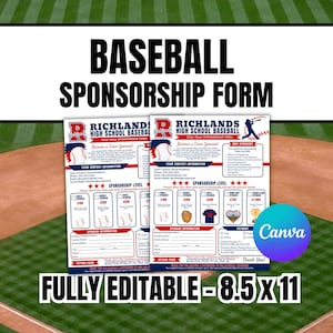 Puede incluir: Un formulario de patrocinio de béisbol blanco, rojo y azul con el texto Richlands High School Baseball 2024 Team Sponsorship Form. El documento incluye secciones para información de contacto, niveles de patrocinio y detalles de pago.