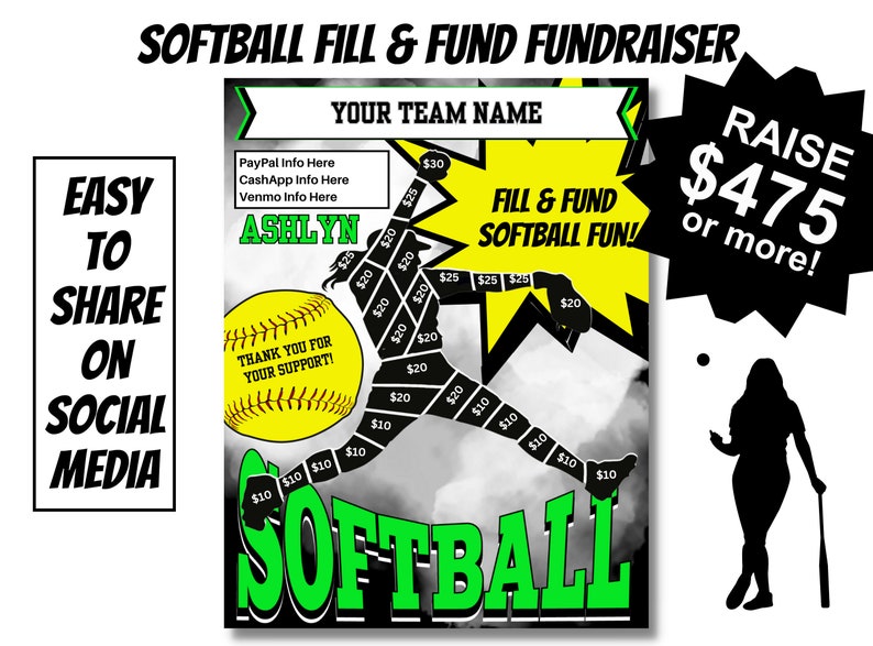EDITABLE SOFTBALL Fill & Fund Fundraiser Softball Fundraiser Sheet AAU