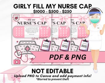 Girly Fill My Nurse Cap, High School Fundraiser, Printable 8.5x11 Digital Download, Non-Editable Fundraising Tracker, Color-in Donations
