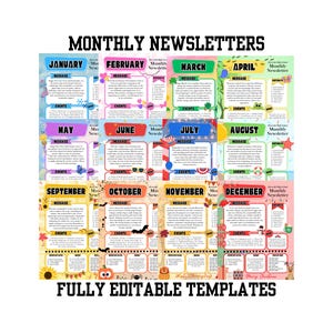 May include: Twelve colorful monthly newsletter templates with a different design for each month of the year. Each template includes a message section, events section, and a title that says "Monthly Newsletter".