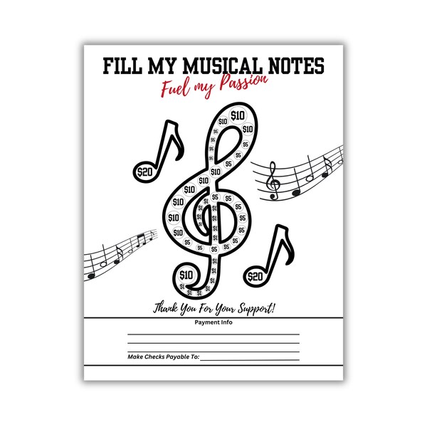 Fill My MUSIC NOTES: BAND High School Fundraiser | Printable 8.5x11 Download | Piano, Guitar, Voice Lessons | Color-in Donation Spots |