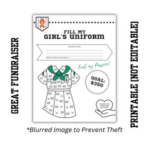 Könnte beinhalten: Ein druckbares Spendenblatt mit der Umrissform einer Mädchen-Pfadfinderuniform. Die Uniform ist in Quadrate unterteilt, die jeweils 10 € darstellen. Das Ziel sind 350 €. Der Text "Fülle meine Mädchen-Pfadfinderuniform" steht oben auf dem Blatt. Der Text "Fördere meine Leidenschaft!" steht unter der Uniform. Der Text "Vielen Dank für Ihre Unterstützung!" steht in einem Herz unter dem Zielbetrag.