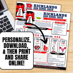 May include: A Richlands High School Cheer 2026 team sponsorship form featuring red, white, and blue graphics including a megaphone, pom-poms, and a foam finger. The document includes sections for contact information, sponsorship levels, and payment details.