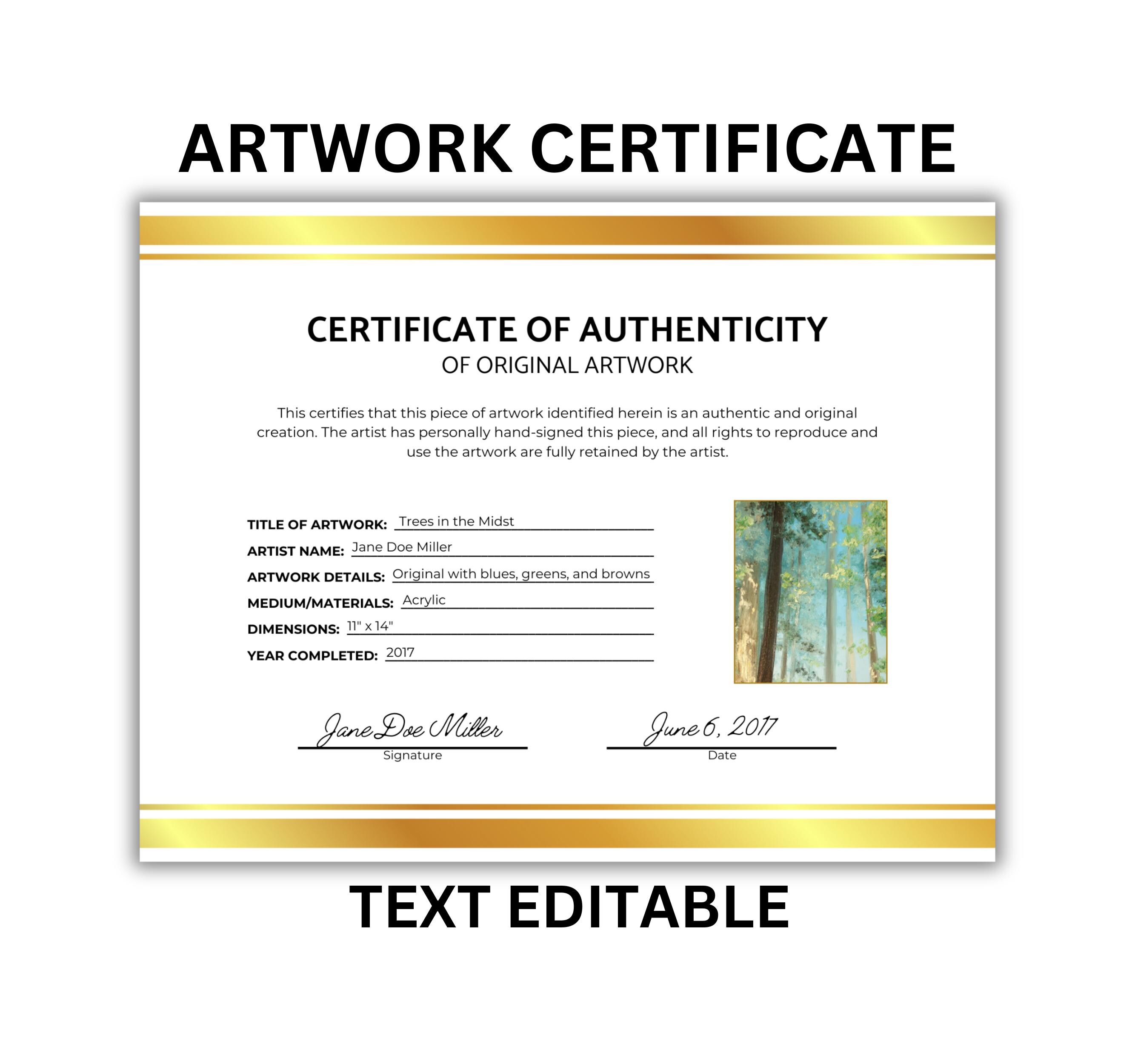 Artwork Certificate of Authenticity Template Digital Download