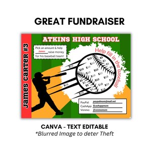 Peut inclure: Une affiche de collecte de fonds de baseball verte et jaune avec une silhouette d'un joueur de baseball balançant une batte. L'affiche porte le texte "James Carter #3" et "Atkins High School" et comprend un ballon de baseball avec des montants en dollars écrits dessus. L'affiche comprend également des coordonnées pour les dons.