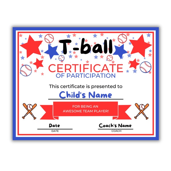 T-BALL EDITABLE Award Certificates Cute Red & Blue | Personalize and Celebrate | Instant Download | Tball MVP | Teeball Awards