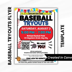 BASEBALL TRYOUTS Flyer, Fully Editable, High School Team Tryouts, AAU Baseball, Elite Baseball, Editable Flyer, Fall Ball, Editable Flyer