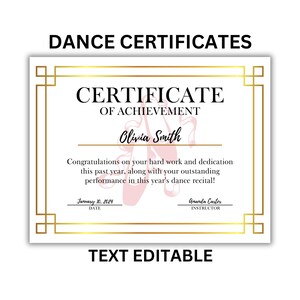 Op de afbeelding: Een printbaar danscertificaat met een gouden rand en een roze ballet-schoenafbeelding. De tekst luidt "Certificaat van prestatie" en bevat de naam "Olivia Smith", de datum "10 januari 2024" en de naam van de instructeur "Amanda Carter".