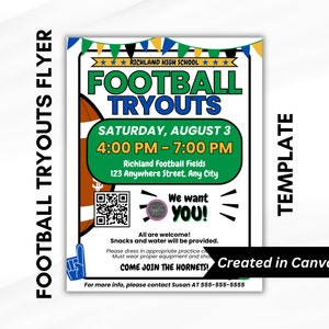 Op de afbeelding: Een groene en blauwe flyer met witte tekst die voetbaltry-outs aankondigt voor Richland High School op zaterdag 3 augustus van 16:00 tot 19:00 uur op de Richland Football Fields. De flyer bevat een QR-code, de tekst "We want you!" en de zin "Come join the Hornets!"