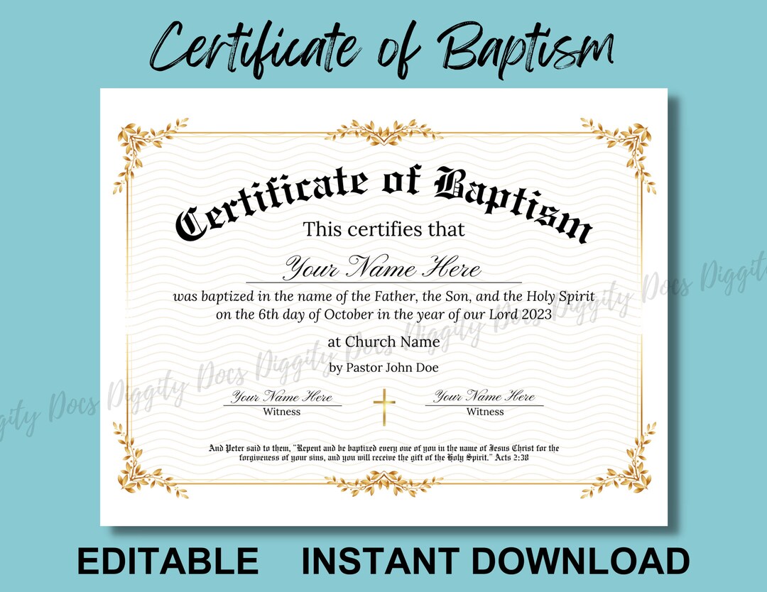 CERTIFICATE of BAPTISM TEMPLATE Customizable Personalized Etsy
