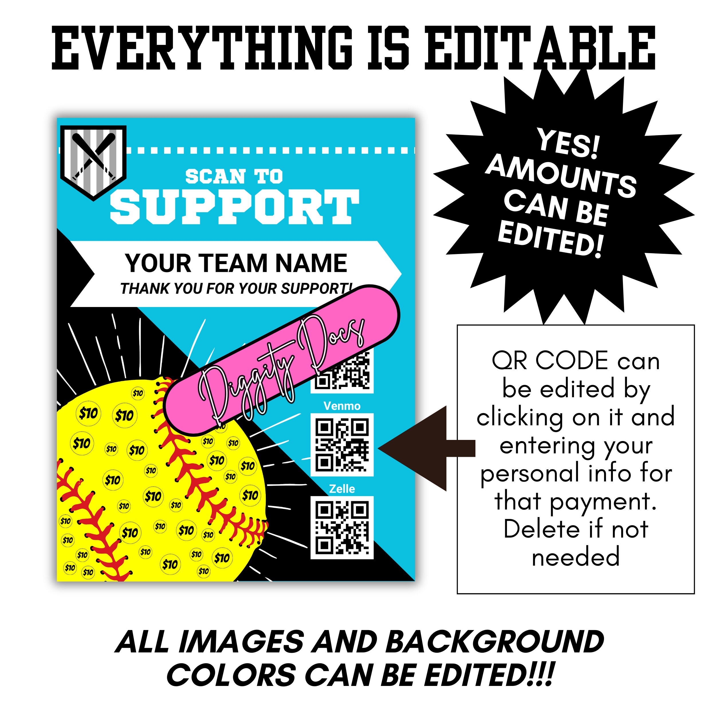 SOFTBALL Fundraiser With QR Code, Color Changing, Custom Template ...