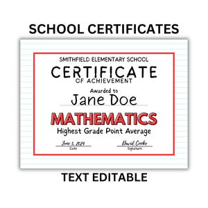 Pode incluir: Um certificado vermelho e preto de conquista em matemática concedido a Jane Doe pela Escola Primária Smithfield. O certificado indica que Jane Doe recebeu a média de notas mais alta em matemática. A data é 5 de junho de 2024 e a assinatura é David Cooke.