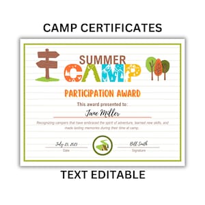 Editable Summer Camp Certificates | Personalize and Celebrate Camp Memories | Customizable Templates | Printable | Camp Awards
