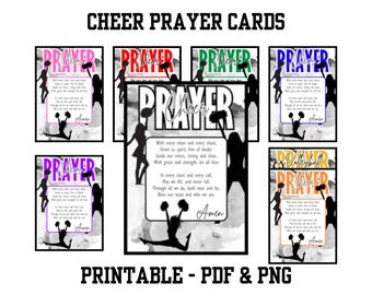 May include: Printable cheer prayer cards in various colours with a black and white silhouette of a cheerleader holding pom-poms. The prayer reads: "With every cheer and every shout, Grant us spirit, free of doubt. Guide our voices, strong and clear, With grace and strength, let all hear. In every stunt and every call, May we lift, and never fall. Through all we do, both near and far, Bless our team and who we are. Amen."