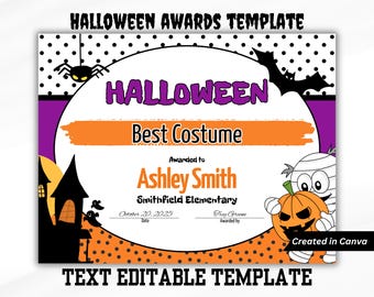 Halloween Costume Award Certificates - Text Editable, Costume, Home Decorating, & Pumpkin Carving - Digital Template Halloween Certificates