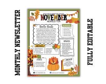 NOVEMBER MONTHLY NEWSLETTER, All elements are editable, Great for schools, clubs, homeschool co-ops, churches, daycares, organizations
